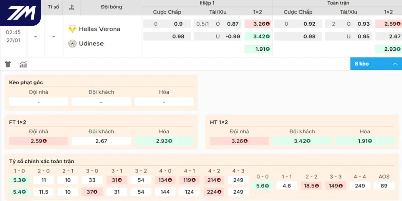 Chọn cửa sáng trận đấu Hellas Verona vs Udinese