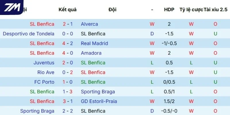 Thành tích gần đây của Benfica tại mọi đấu trường 