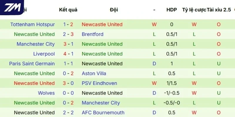 Thành tích những lần ra sân gần đây của Newcastle 