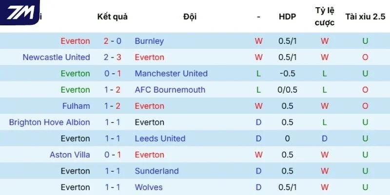 Chuỗi kết quả ra sân của Everton