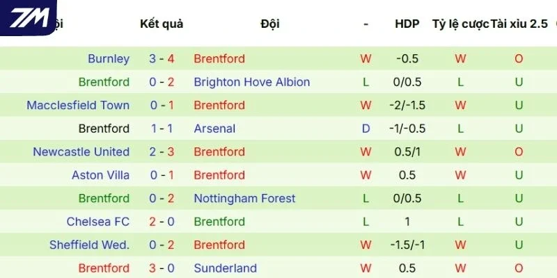 Thành tích Brentford ra sân trong 5 trận gần đây