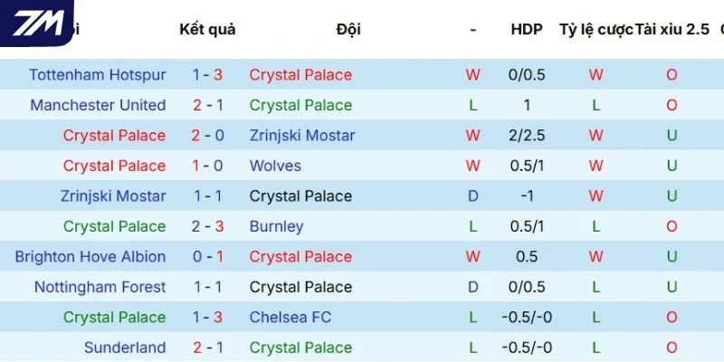 Thành tích thi đấu mới nhất của Crystal Palace