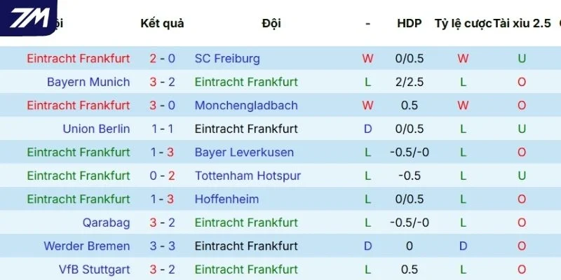 Thành tích thi đấu mới nhất của Frankfurt