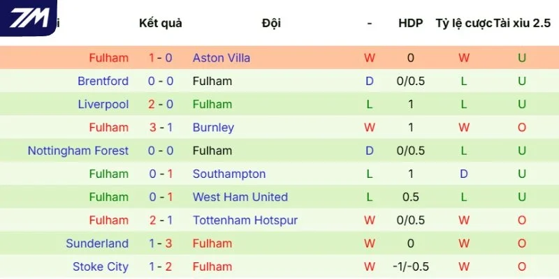Hiệu suất Fulham thi đấu 