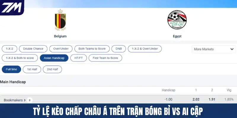 Tỷ lệ kèo chấp Châu Á trên trận bóng Bỉ vs Ai Cập